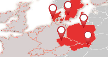 Hartă pe care sunt indicate Suedia, Danemarca, Cehia, Slovacia și Polonia